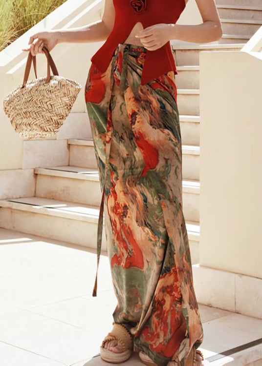 Summer Waist Print Silk Loose Lace High Up Skirts