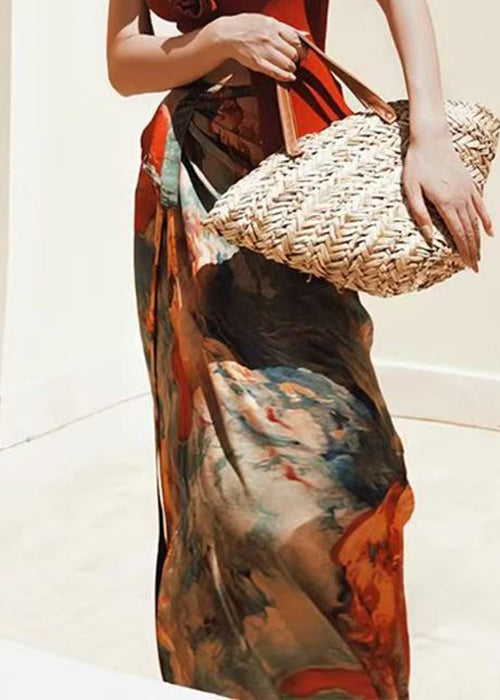 Summer Waist Print Silk Loose Lace High Up Skirts