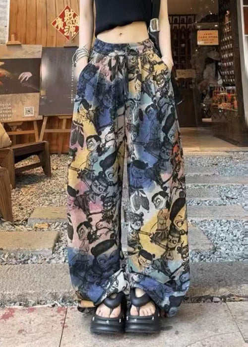 Drawstring Pockets Cotton Loose Print Summer Pants