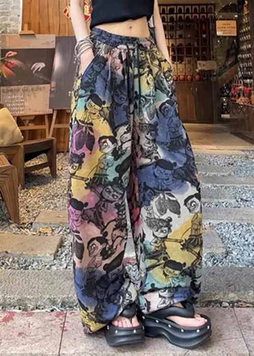 Drawstring Pockets Cotton Loose Print Summer Pants