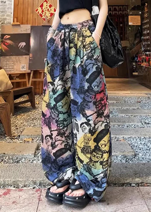 Loose Cotton Pockets Pants Drawstring Print Summer