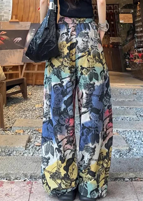Drawstring Pockets Cotton Loose Print Summer Pants