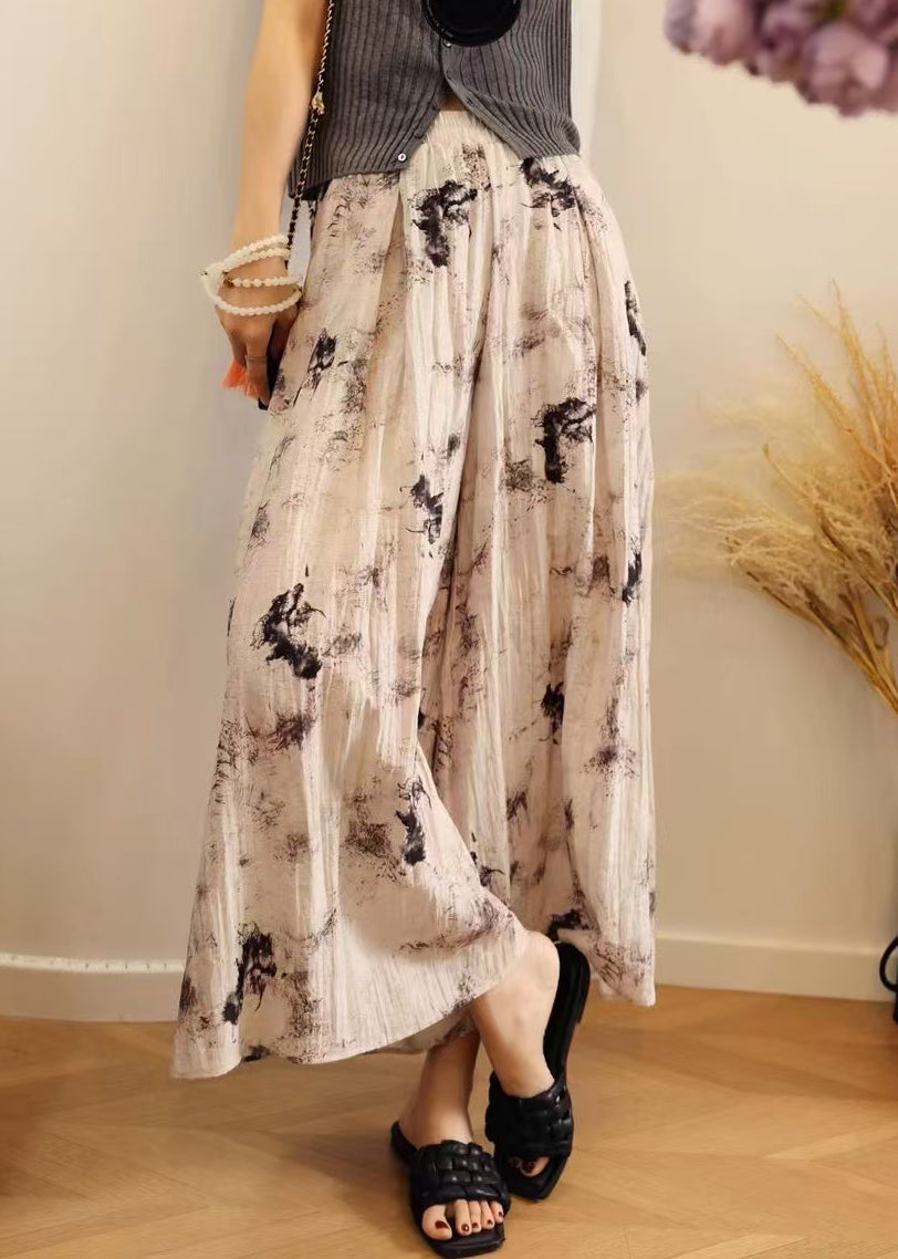 Pants Elastic Waist Wide Print Leg Pockets Summer Cotton Loose