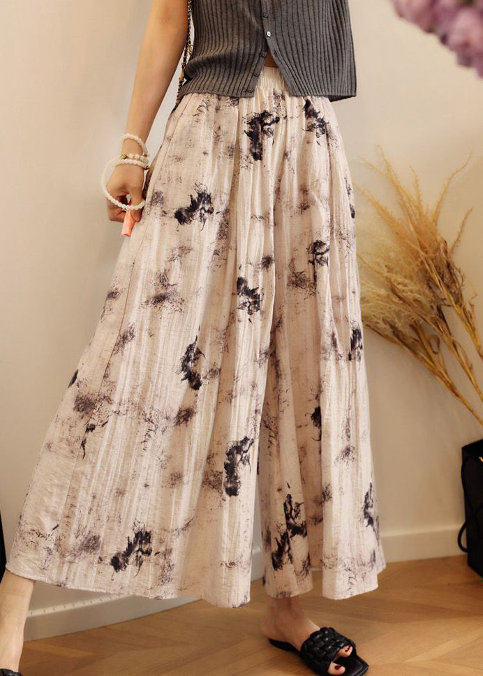 Pants Elastic Waist Wide Print Leg Pockets Summer Cotton Loose