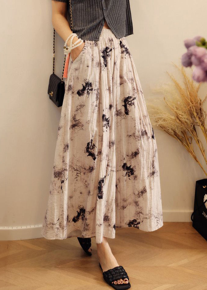 Pants Elastic Waist Wide Print Leg Pockets Summer Cotton Loose