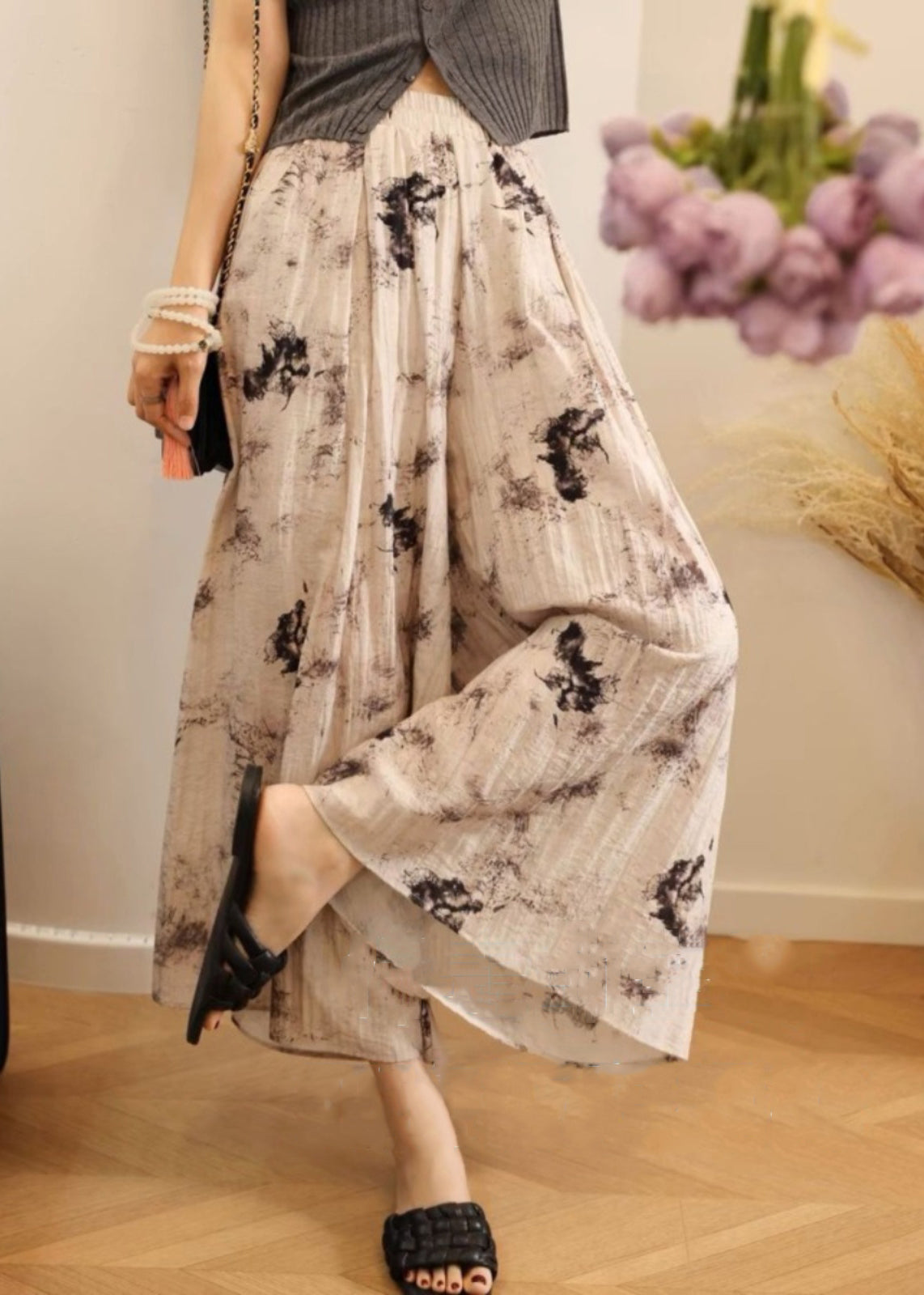 Pants Elastic Waist Wide Print Leg Pockets Summer Cotton Loose