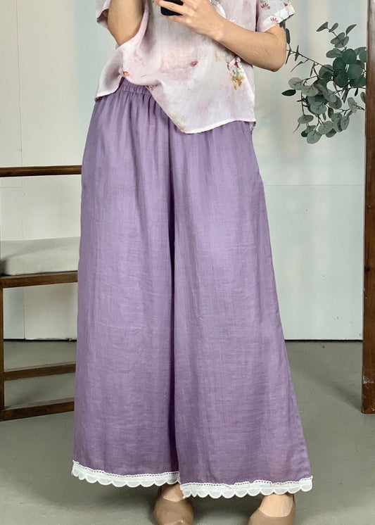 Wide Linen Elastic Leg Waist Purple Patchwork Lace Loose Pants