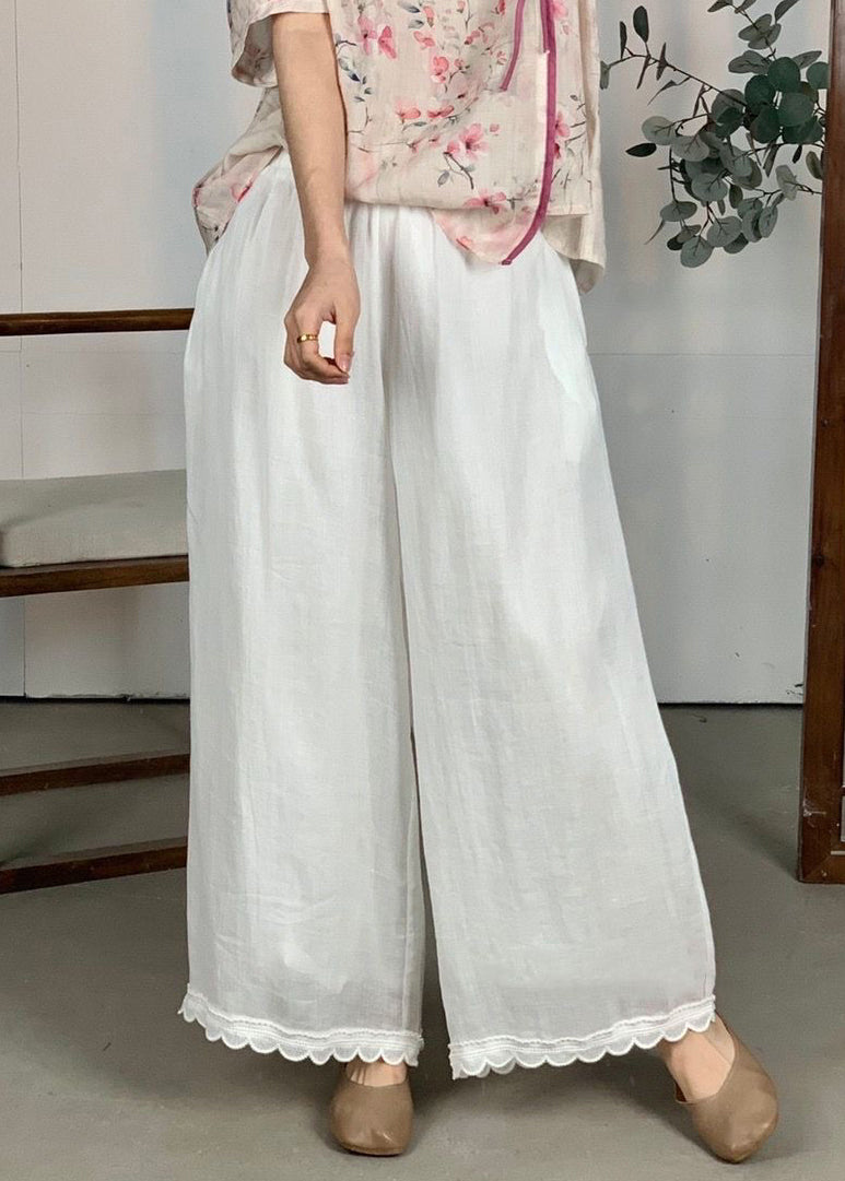 Wide Linen Elastic Leg Waist Purple Patchwork Lace Loose Pants