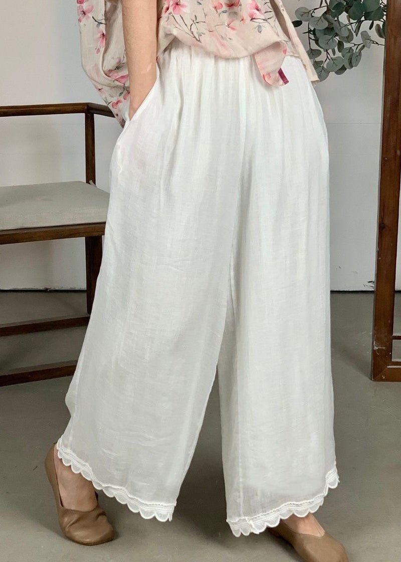 Wide Linen Elastic Leg Waist Purple Patchwork Lace Loose Pants