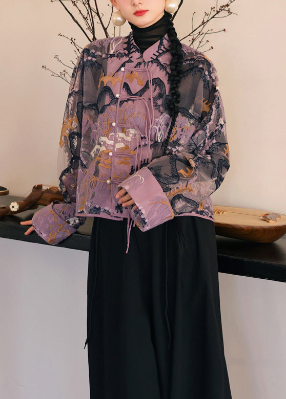 Loose Purple Embroidered Button Tulle Shirt Long Sleeve Ada Fashion