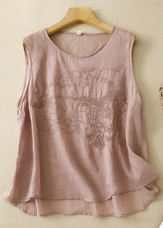 Lockeres, lila, besticktes Tanktop aus massiver Baumwolle, ärmellos GG025
