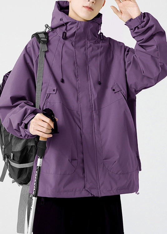 Hooded Loose Cotton Men Drawstring Pockets Purple Spring Coat