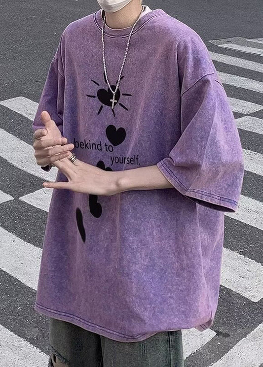 Print Loose Shirt Men T Sleeve Half Letter Purple Love Cotton