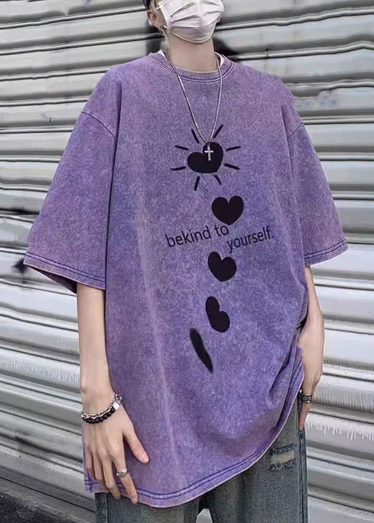 Print Loose Shirt Men T Sleeve Half Letter Purple Love Cotton