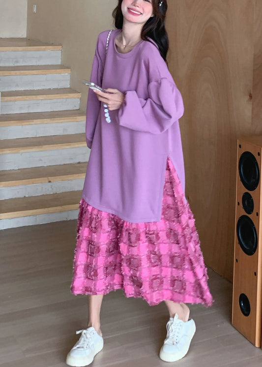 Spring Plaid Dress Maxi O-Neck Loose Purple