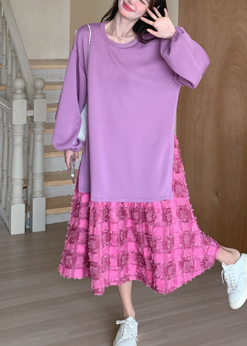 Spring Plaid Dress Maxi O-Neck Loose Purple