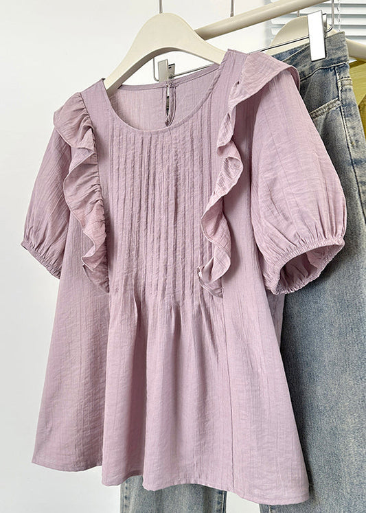 O Neck Loose Cotton Wrinkled Blouse Summer Purple