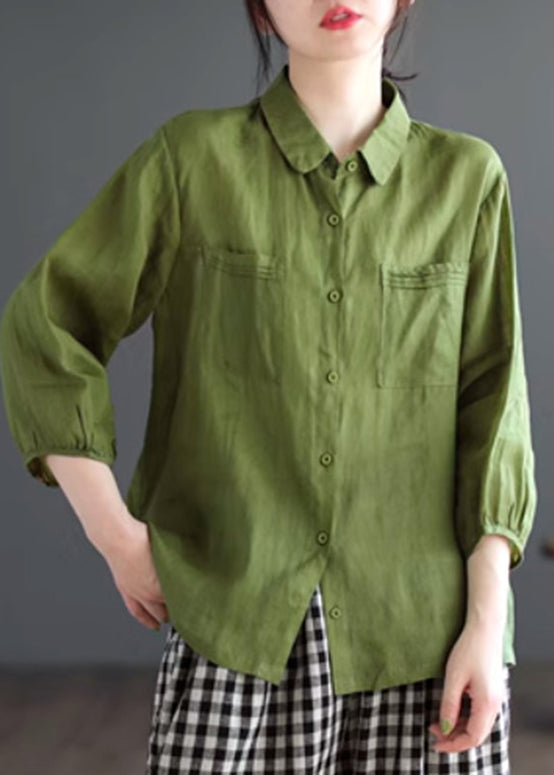Lockeres lila Peter Pan Kragen Patchwork Knopf solide Ramie Shirt Langarm UU022