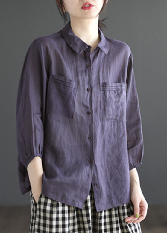 Lockeres lila Peter Pan Kragen Patchwork Knopf solide Ramie Shirt Langarm UU022