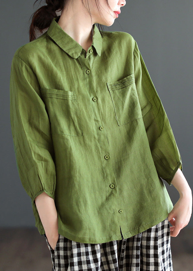 Lockeres lila Peter Pan Kragen Patchwork Knopf solide Ramie Shirt Langarm UU022