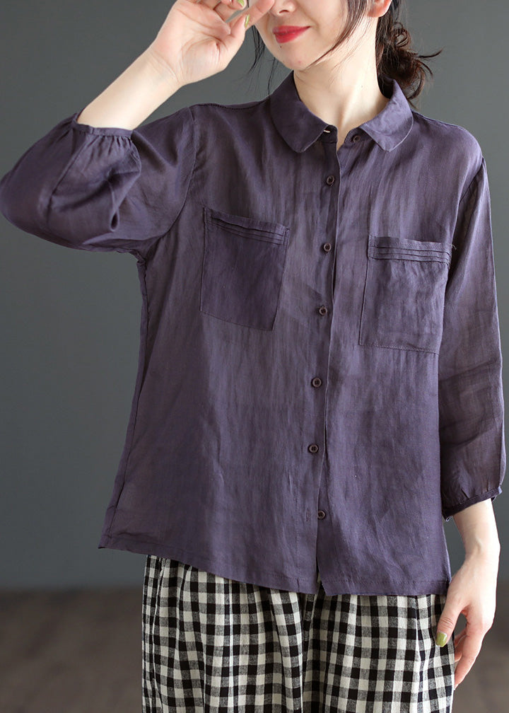 Lockeres lila Peter Pan Kragen Patchwork Knopf solide Ramie Shirt Langarm UU022