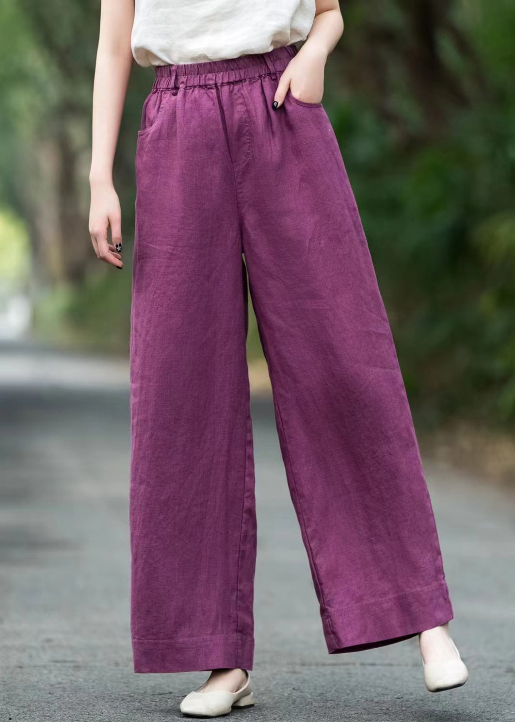 Summer Linen Elastic Waist Purple Solid Pants Loose Pockets