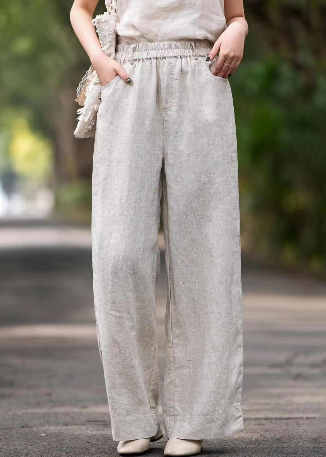 Summer Linen Elastic Waist Purple Solid Pants Loose Pockets