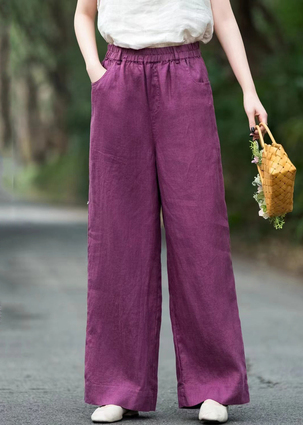 Summer Linen Elastic Waist Purple Solid Pants Loose Pockets
