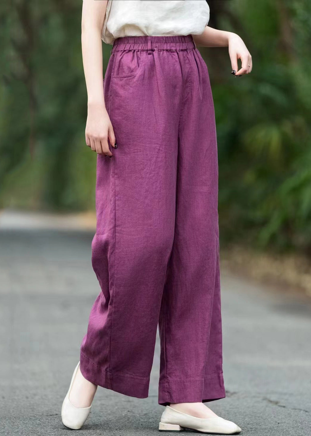 Summer Linen Elastic Waist Purple Solid Pants Loose Pockets
