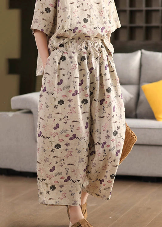 Linen Pants Drawstring Loose Purple Summer Crop Print