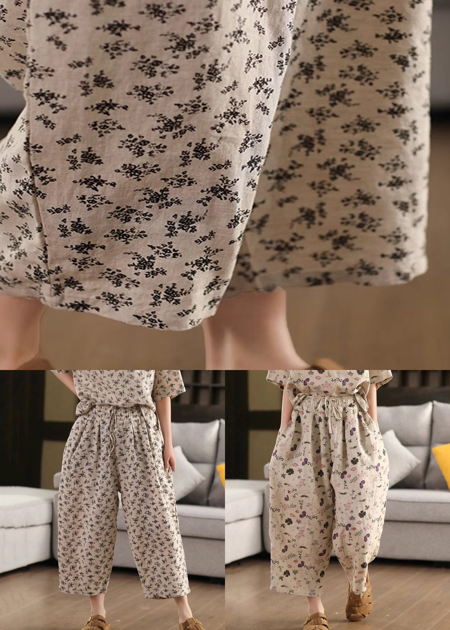 Linen Pants Drawstring Loose Purple Summer Crop Print