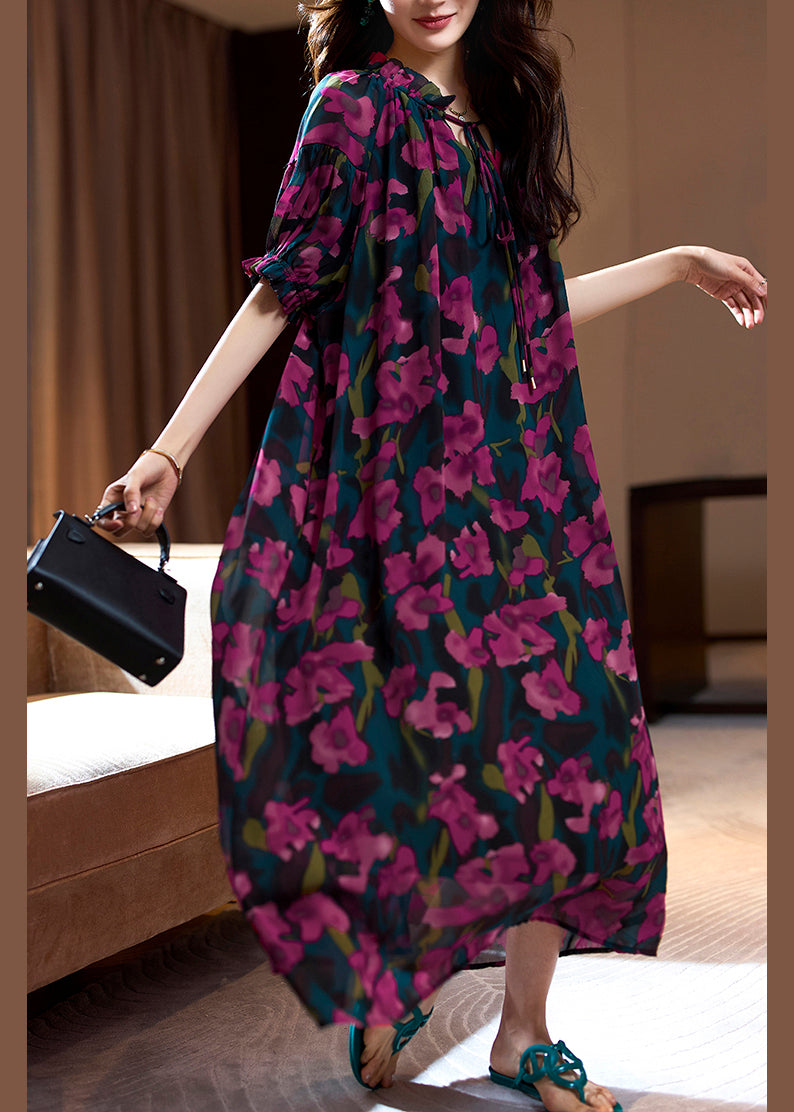 Loose Purple Print Ruffled Lace Up Chiffon Long Dresses Summer OP1088