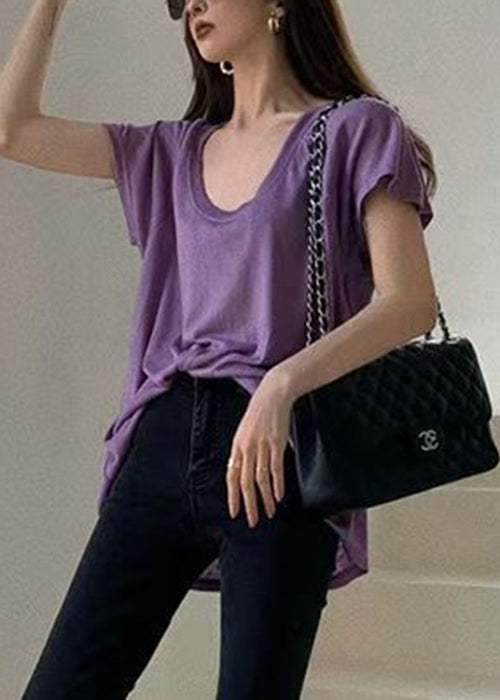Loose Summer Cotton Shirts U T Neck Solid Purple