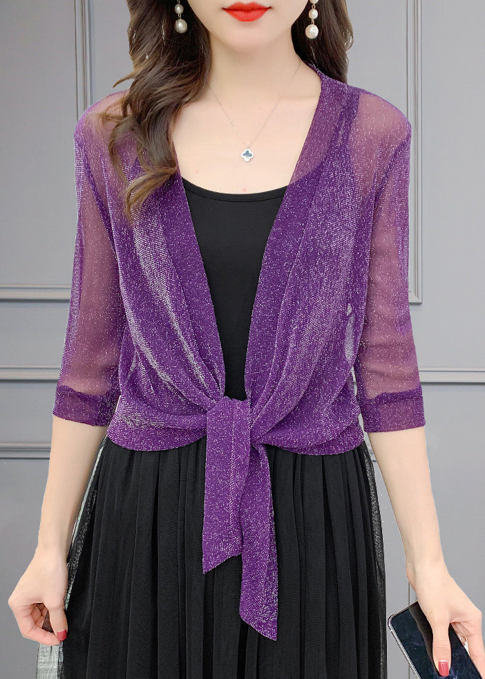 Loose Purple V Neck Bright Silk Tulle Cardigans Summer Ada Fashion