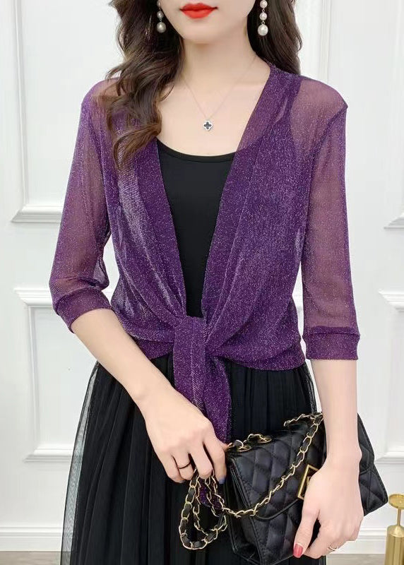 Loose Purple V Neck Bright Silk Tulle Cardigans Summer Ada Fashion