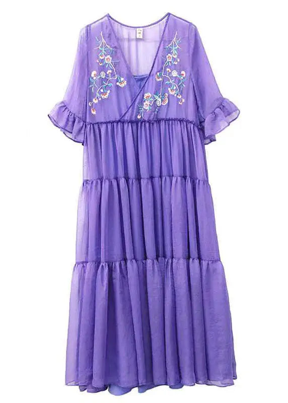 Loose Purple V Neck Embroidered Wrinkled Patchwork Chiffon Dress Summer Ada Fashion