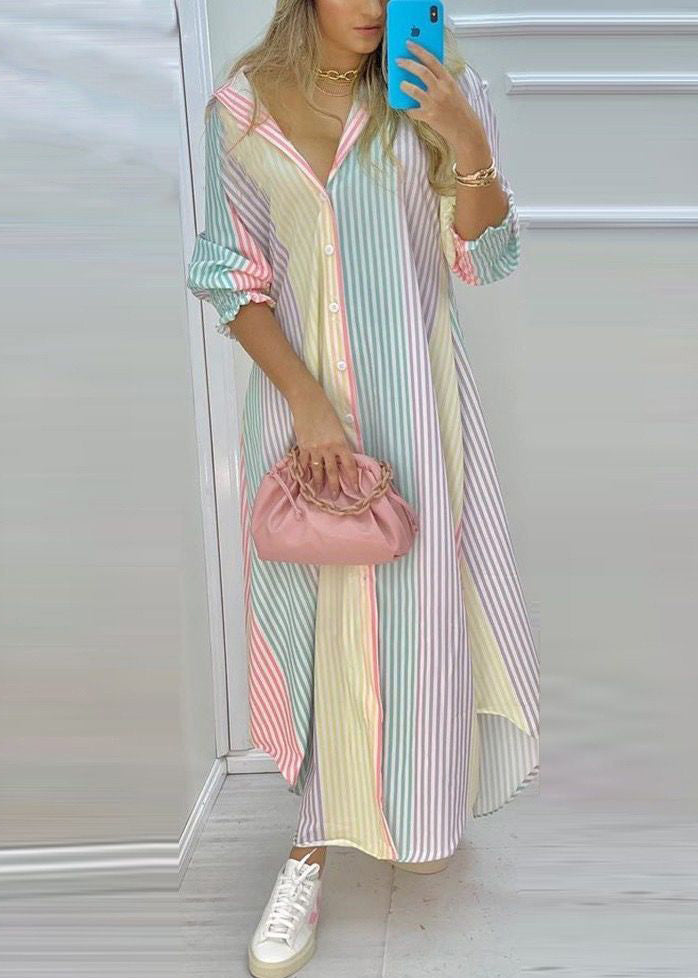 Loose Button Dress Rainbow Cotton Shirts Striped Spring