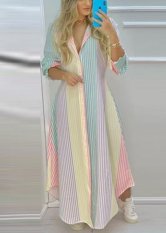 Loose Button Dress Rainbow Cotton Shirts Striped Spring