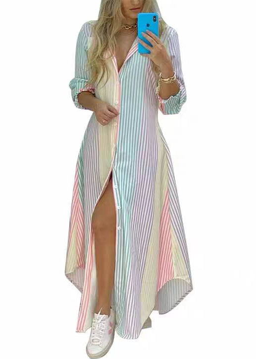 Loose Button Dress Rainbow Cotton Shirts Striped Spring