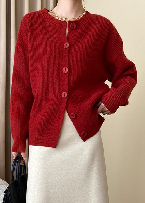 Loose Red Button Solid Knit Coats Fall