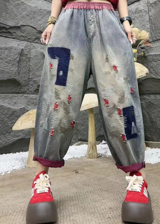 Lockere rote hoch taillierte, bestickte, zerrissene Jeans für den Sommer AP097