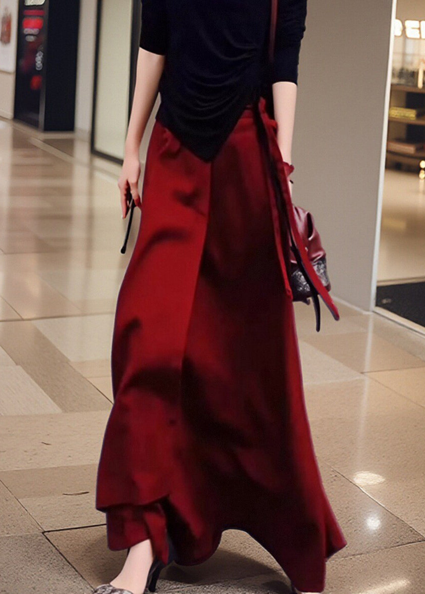 Summer Lace Waist Pockets Skirt Up High Loose Red