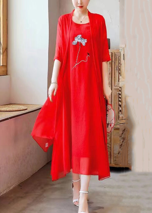 Loose Red O Neck Embroidered Solid Chiffon Two Pieces Set Half Sleeve OP1073