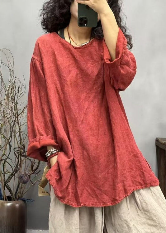 Loose Side Shirts O Red Linen Neck Ppen Fall T