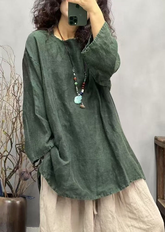 Loose Side Shirts O Red Linen Neck Ppen Fall T