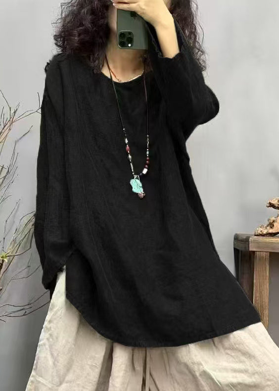 Loose Side Shirts O Red Linen Neck Ppen Fall T