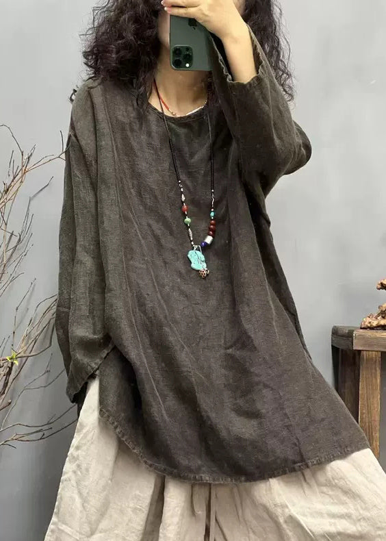 Loose Side Shirts O Red Linen Neck Ppen Fall T