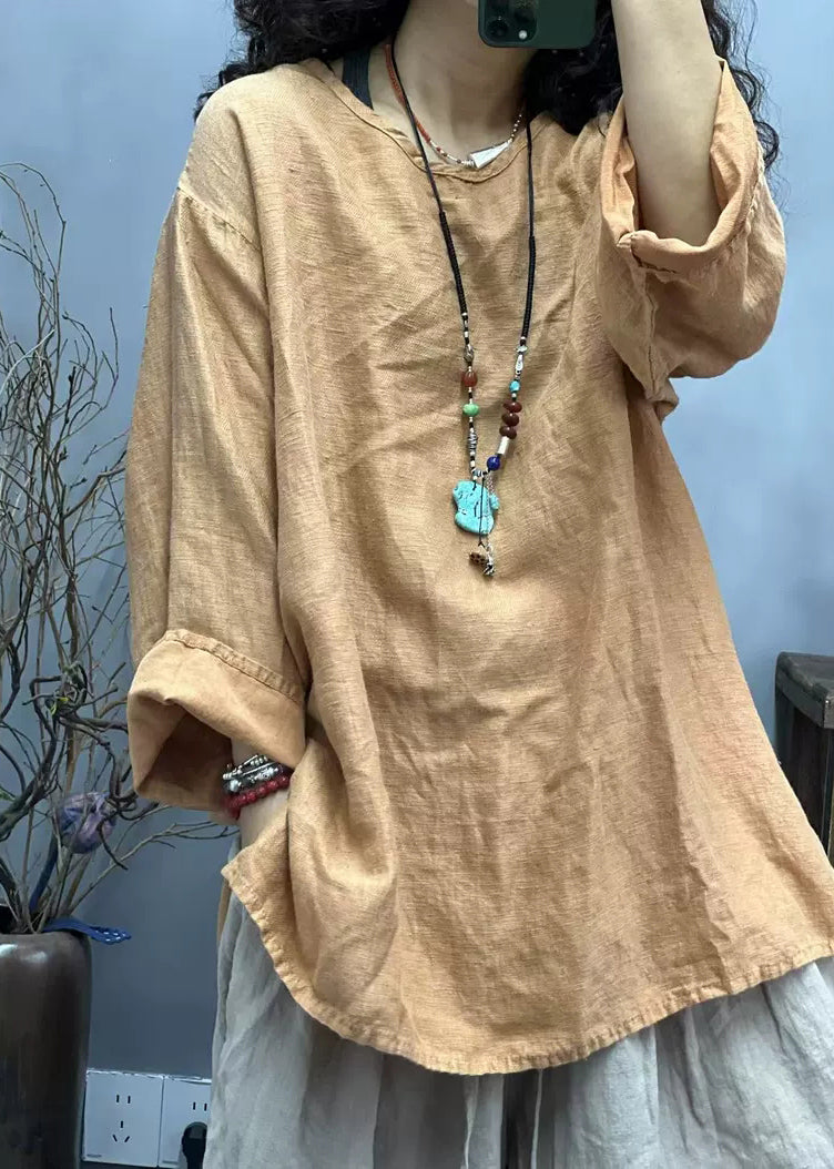 Loose Side Shirts O Red Linen Neck Ppen Fall T