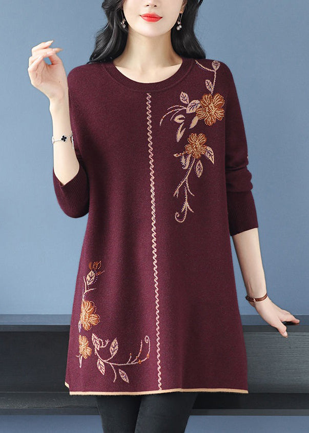 Loose Red O Neck Zircon Wool Knit Sweaters Long Sleeve TB006
