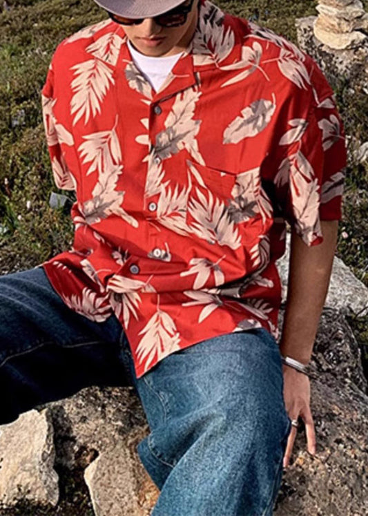 Peter Red Summer Print Loose Pan Collar Cotton Shirt Men Button